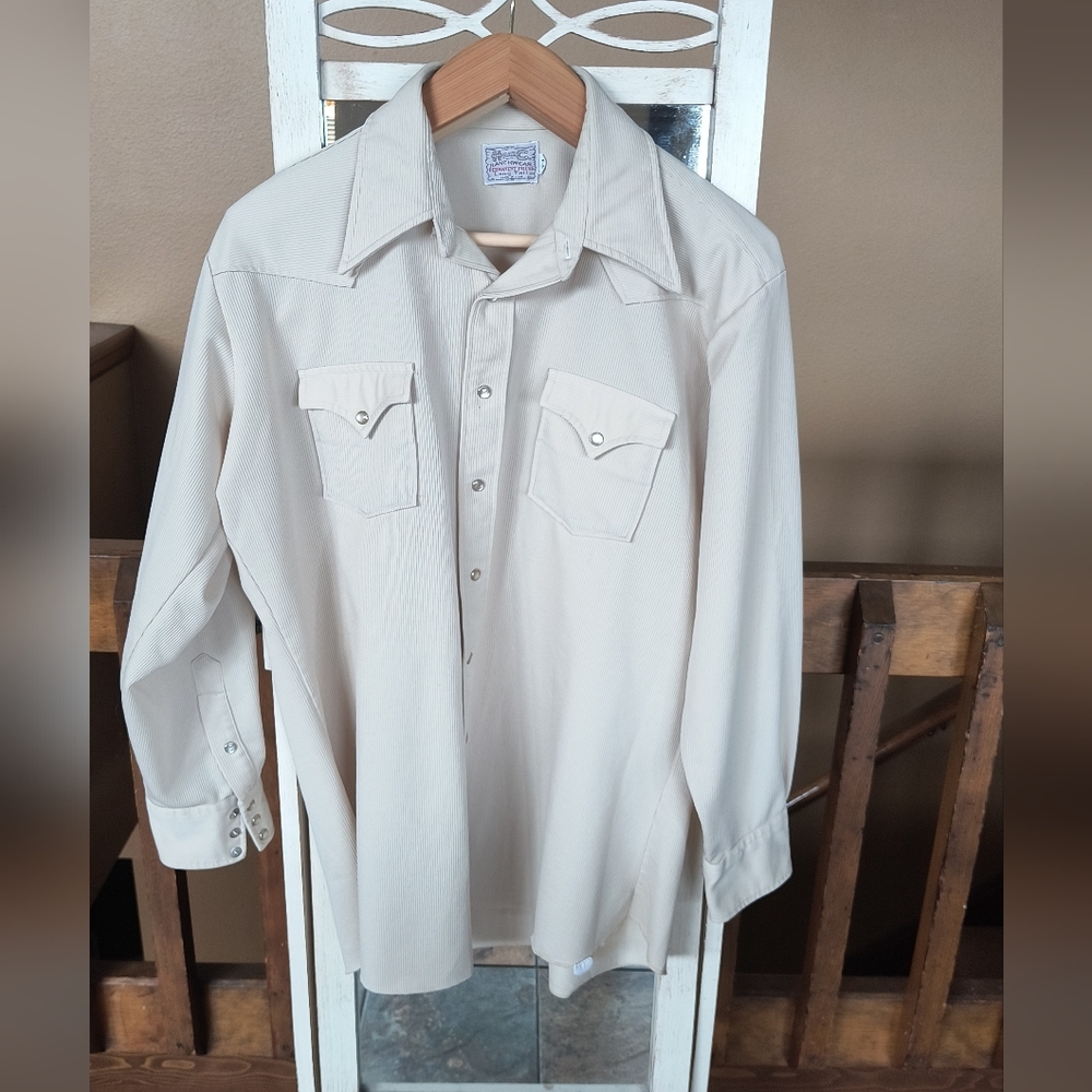 Vintage 70s H Bar C Ranchwear Pearl Snap Button Mens Dress Shirt Long Tail